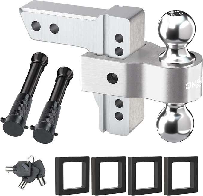 Adjustable Trailer Truck Drop Hitch - Fits 2 Inch Receiver Only, 6 Inch Drop/Rise Dual Ball Mount 2" and 2-5/16" Up to 12,500 LBS GTW, Heavy Duty Towing Hitch with 2 Locks & 4 Silencer Pads (Silver)