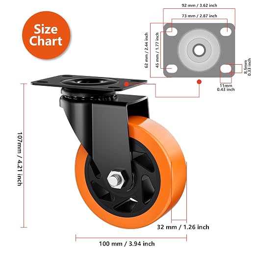 4" Swivel Plate Casters Set of 4 Heavy Duty 1200 lbs | Orange PU, Non-Marking, Quiet. 1200 Lbs/4 Casters. No Brake - Continuous Rolling. Black Rustproof Bracket. Workshop, Garage