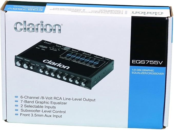 Clarion EQS755V 7-Band Car Audio 1/2-DIN Size Car Graphic Equalizer/Crossover with Front 3.5mm Auxiliary Input, Rear RCA Auxiliary Input and High Level Speaker Inputs