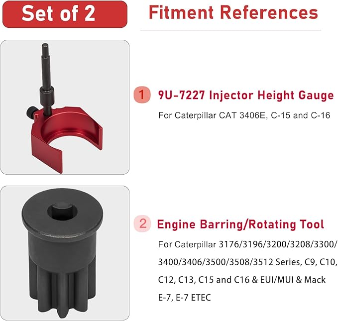 9U-7227 Injector Height Adjustment Gauge Tool & J-38587-A Engine Barring Socket Engine Turning Tool For CAT Caterpillar 3406E, C15, C16 (Set of 2)