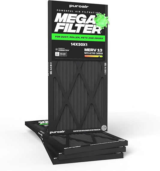 PuroAir MegaFilter - 14x30x1 Air Filter MERV 13 Activated CarbonTech Defense - Heavy Duty 3 Layer Furnace Filters Allergens, Pollen, Dust, Pet Dander, Smoke, Odors - HVAC Air Filter 14x30x1 (4-Pack)