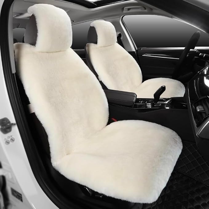 Fluffy Fur Sheepskin Car Seat Cover Automotive Interior Accessories Seat Covers Accessories Seat Cushions， Soft Natural Pure Wool ，Universal Fits Most Cars SUVs (Ivory White, Universal Fit, pack of 2)