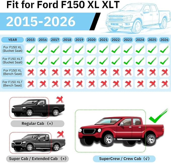 JAOGAUS Car Seat Covers Fit for Ford F150 2015-2025 2026 Super Crew XL XLT | Pickup Custom Fit Rear Seat Nappa Leather 60/40 Spilt Seat Covers, Waterproof Airbag Compatible Black Trucks Replacement