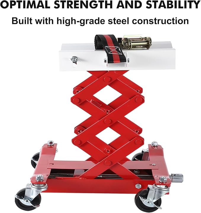 GarveeTech 450 LBS Low Profile Transmission Jack - Heavy-Duty Auto Repair Lift with 7-23 Inch Height Range, 2M Safety Straps & 4 Brake Wheels for Safe, Smooth Repairs - Red