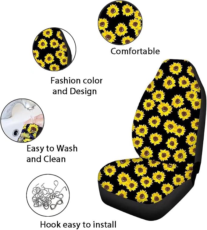 Tupalatus Auto Accessories Decor Set of 9 Car Seat Covers Hand Brake Cover,Gear Shift Knob Cover,Seat Belt Pads,Coaster,Steering Wheel Cover Universal Fit for Car Truck SUV, Sunflower Dragonfly Retro