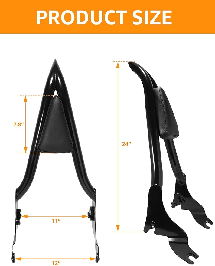 24" Sissy Bar Passenger Backrest Compatible for Harley Davidson 2009-2024 Touring CVO Road Glide, Street Glide, Road King, Ultra Limited