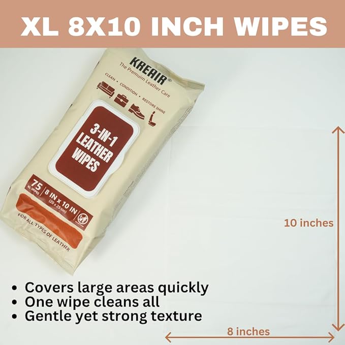 3in1 Leather Wipes 150 XL Count, Clean, Condition & Restore Shine, Extra-Large 8"x10" Wipes for Car Seats, Shoes, Furniture & Bags, Thick, Durable, Non-Linting, Safe for All Leather Types