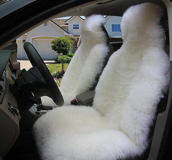 Winter Warm Authentic Australia Sheepskin Car Seat Cover Luxury Long Wool Front Seat Cover Fits Most Car, Truck, SUV, or Van (White)