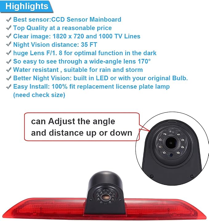 18mm HD Car Third Roof Top Mount Brake Light 3 Rear View Camera, Night Vision Waterproof for Ford Transit tourneo custom Jumbo kasten V363 F150 F250 F350 V636 MK8 2012-2020 van (With 4.3-inch Monitor)