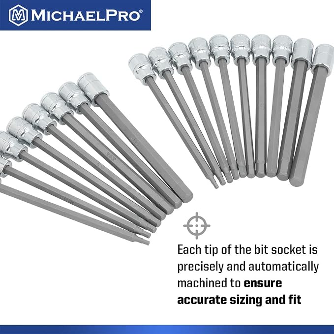 MichaelPro 18-Piece 3/8'' Drive Long Hex Bit Socket Set, SAE & Metric (1/8" - 3/8", 3-10 mm), 6-Inch Length for Deep Reach, High Torque Resistant CR-V and S2 Steel, Storage Case Included - MP012020