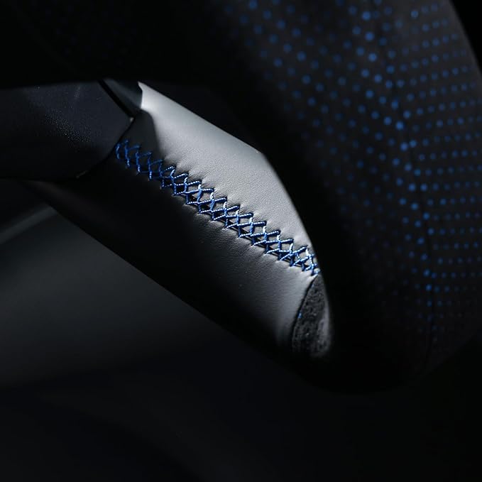 MEWANT DIY Black Genuine Leather Mesh Athsuede Blue Layer Steering Wheel Cover for Tesla Models Yoke 2021 Model X 2021