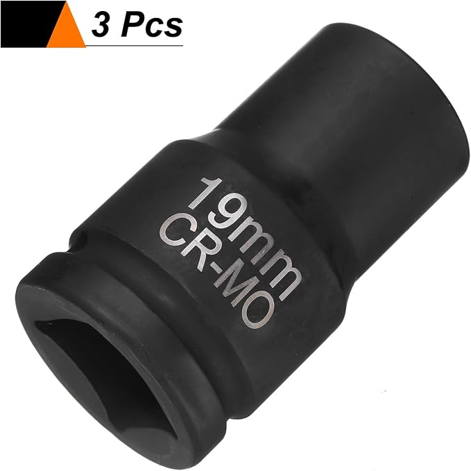 HARFINGTON 3pcs 4 Point Square Socket 1" Drive 19mm Metric CR-MO Phosphate Blackening Standard Wheel Impact Sockets for Auto Repair Mechanical Maintenance Home Install