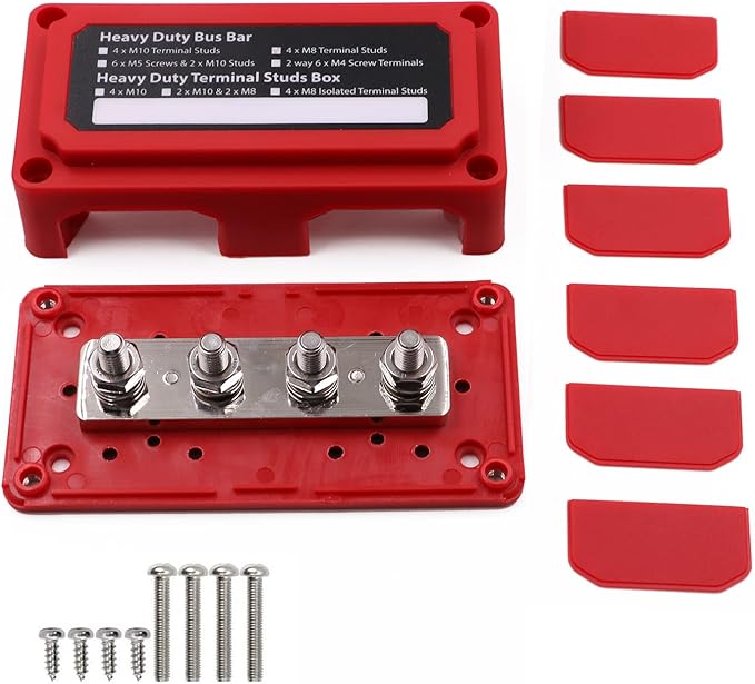 Bus Bar 12V 300A Heavy Duty Module 4 x 5/16" (M8) Posts Power Distribution Blocks, 300 Amp Battery Busbar Positive Powerbar 12 Volt-48V DC for Car Truck RV Solar Boat Marine, Red