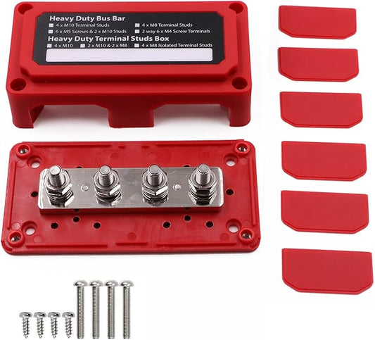 Bus Bar 12V 300A Heavy Duty Module 4 x 5/16" (M8) Posts Power Distribution Blocks, 300 Amp Battery Busbar Positive Powerbar 12 Volt-48V DC for Car Truck RV Solar Boat Marine, Red