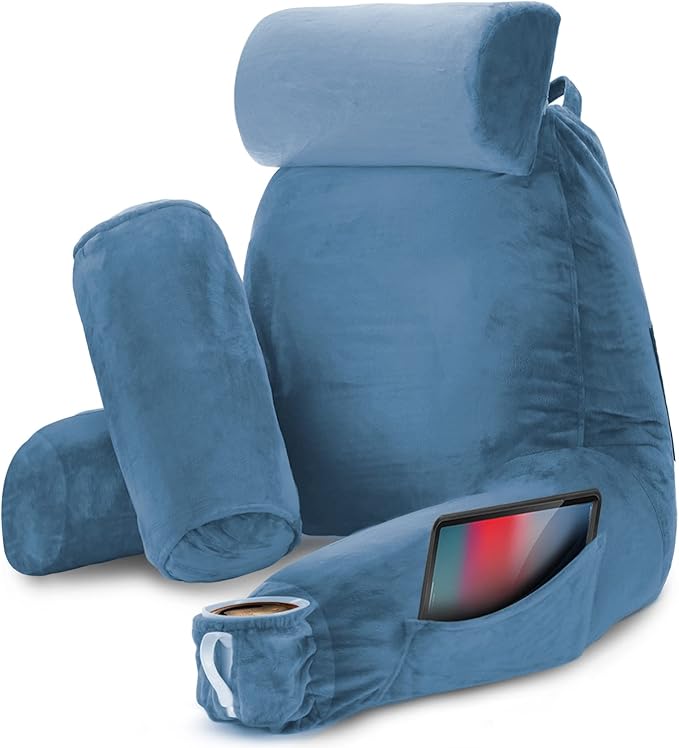 Nestl Reading Pillow with Shredded Memory Foam Includes 2 Neck and Lumber Support Pillows, Designed for Sitting Up in Bed and Couch, Back and Arms Adjustable Support for Adult & Teens, Blue Heaven