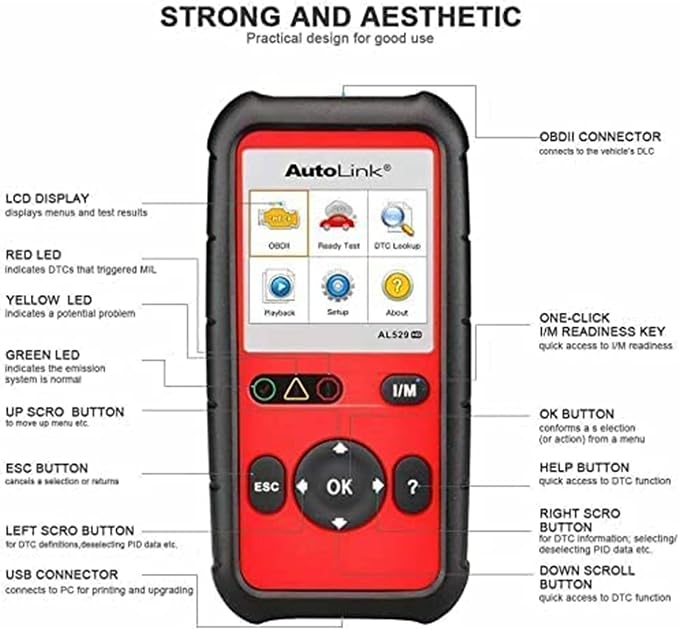 Autel AutoLink AL529HD OBD2 Scanner with Screen Wiper 2025 Heavy Duty Code Reader Retrieve Code VIN O2 Sensor Test OBDII Monitor Test Review Read Erase Data View Live Data Freeze Frame Data