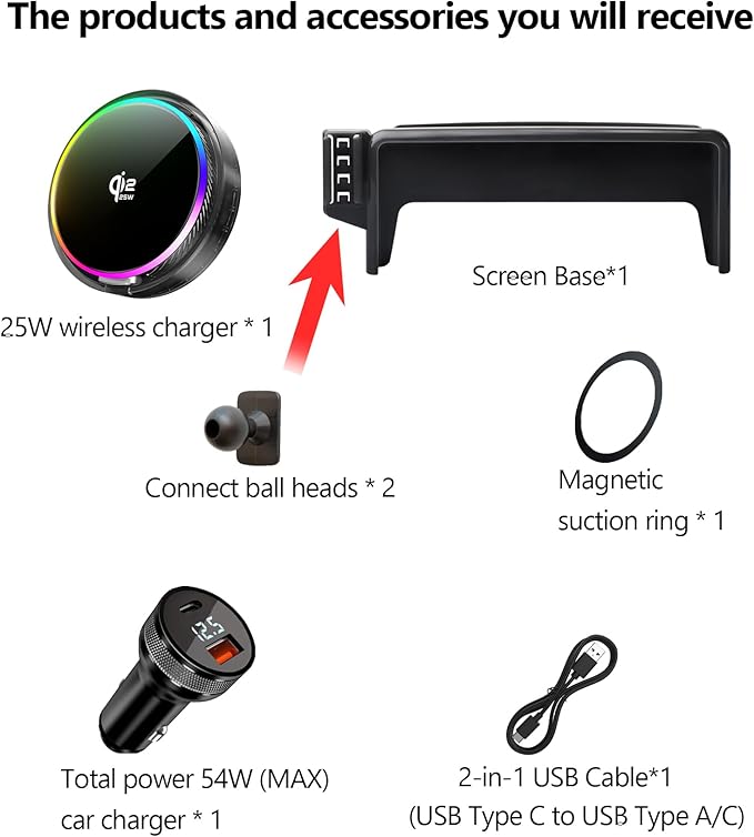 Qi2.2 25W Magnetic Car Mount Charger for 2021-2026 Ford Mustang Mach-E Accessories, for Fast Charging Cell Phone Holder 15.5 Inch Screen Fixed Clip with Cooling Fan＆54W Fast Adapter