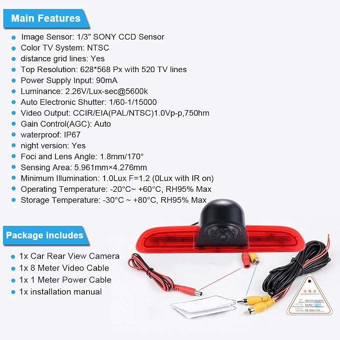 HD Brake Light Roof Rear View Reversing Camera Parking Aids with Angle Adjustable Compatible with Toyota Commuter Hiace H200 MK5 Van LWB TRH KDH Tailgate Transporter (Reversing Camera)
