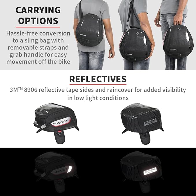 ViaTerra Oxus Magnetic Motorcycle Tank Bag |13L Capacity, Converts to Backpack, Scratch-Free Base, EBC Net, External Rain Cover | Universal Fit for Touring & Adventure Riding
