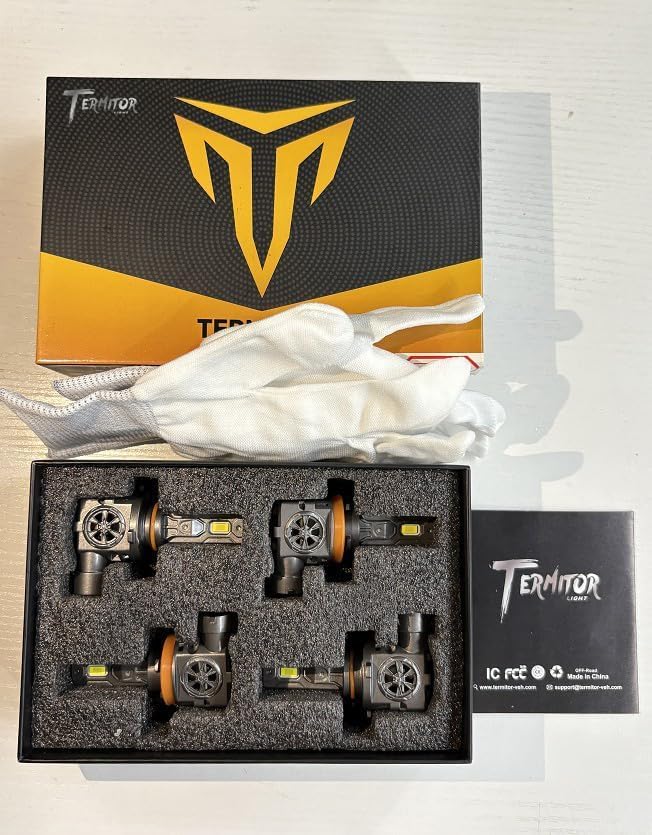 Termitor Upgraded H11 9005 Light Bulbs Combo, 100,000LM 1200% Super Bright H9 H8 Bulbs, 85000+Hrs Long Life, 1:1 Halogen Fit Plug-N-Play H9 H8 HB3 Lights Kit, 6500K White, Pack of 4