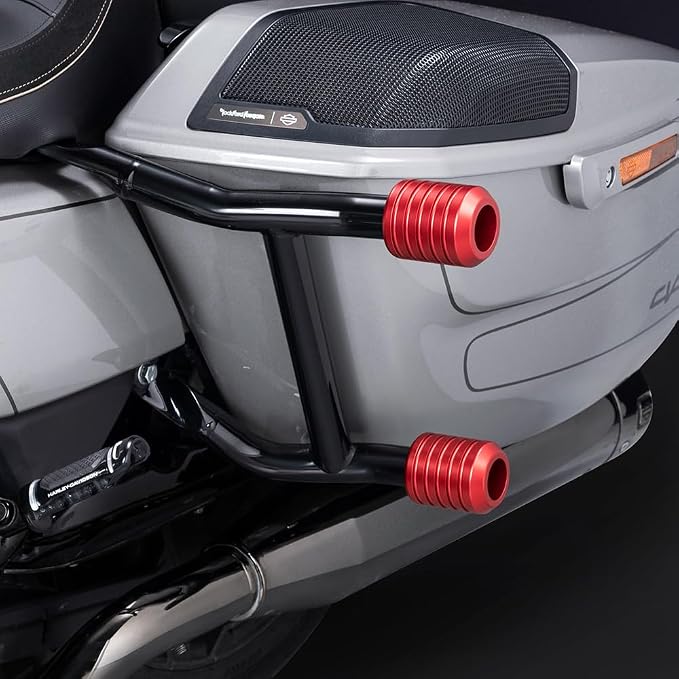 Advanblack ProTek Machined Harley Crash Bar Sliders 1.25" Decorative Wheel Rotatable End For Front Engine Guard Rear Saddlebag Guards (Red CNC)