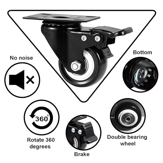2" Caster Wheels Set of 64, Heavy Duty with Brake | No Noise, Locking, Polyurethane (PU) Wheels, Swivel Plate, Black, Pack of 64