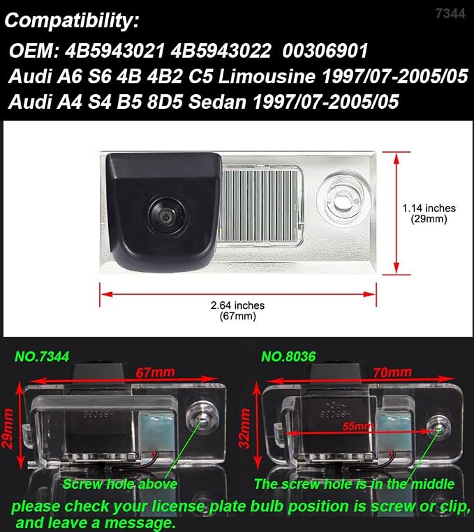 Automotive License Plate Backup Camera, Car Rear View Reversing Camera with IP67 Waterproof Replacement for Audi A6 S6 4B 4B2 C5 Limousine 1997/07-2005/05 OEM: 4B5943021(NO.7344)