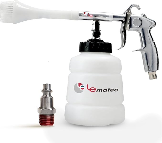 LE LEMATEC Interior Detailing Gun, Air Foam Car Wash Tool with Scrub Brush | Cleans Upholstery Carpet Vents Seats, Pneumatic Tornado Cannon, Solution Bottle, Auto Detail Kit