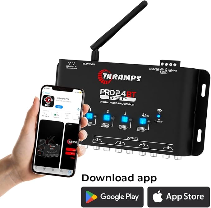 Taramps Pro 2.4 BT Bluetooth DSP Crossover Full, Digital Signal Processor, Car Audio Equalizer with App, Gain up to 9V, 15 Band Graphic Equalization, 12 preset EQ, 2 in and 4 Out, High Level Input