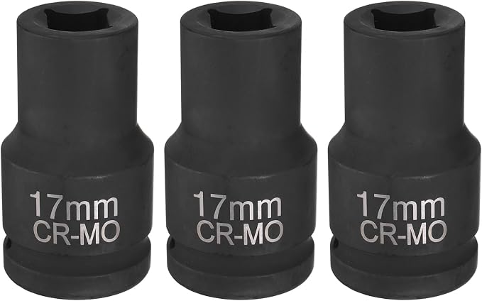 HARFINGTON 3pcs 4 Point Square Socket 1" Drive 17mm Metric CR-MO Phosphate Blackening Standard Wheel Impact Sockets for Auto Repair Mechanical Maintenance Home Install