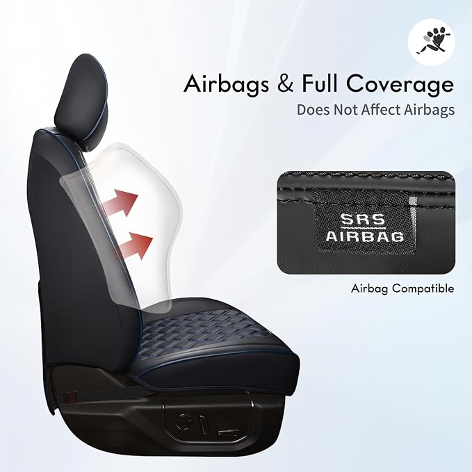 Huidasource Front Seat Covers for Dodge Ram, Leather Car Seat Cushion Cover Fit for 2009-2018 ram 1500, 2010-2025 ram 2500/3500 Crew/Mega Cab, 2019-2025 ram 1500 Classic Only (Flat Front/Black&Blue)