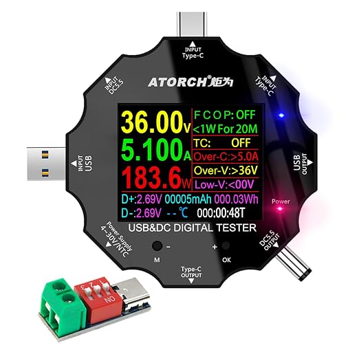 USB C Tester, 3 in 1 Type C DC5.5 USB Meter USB Load Color Screen IPS Digital Multimeter,Voltage,Current,Power,Resistance,Capacity Detector PD2.0/PD3.0,QC2.0/QC3.0