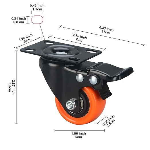 2" Caster Wheels Set of 8, Heavy Duty with Brake | No Noise, Locking, Polyurethane (PU) Wheels, Swivel Plate, Orange, Pack of 8