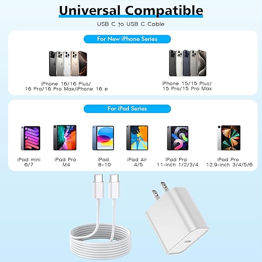 iPhone 17 16 15 Charger Fast Charging, 2Pack 20W Apple Type C Wall Charger Travel Block with 6FT Long USB C to USB C Fast Charging Cable Cord for iPhone 17/17Pro/Pro Max/17 Air/16 15 Pro/Pro Max, iPad