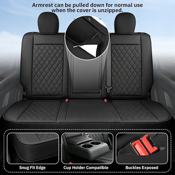 JAOGAUS Car Seat Covers Fit for Ford F150 2015-2025 2026 Super Crew XL XLT | Pickup Custom Fit Rear Seat Nappa Leather 60/40 Spilt Seat Covers, Waterproof Airbag Compatible Black Trucks Replacement