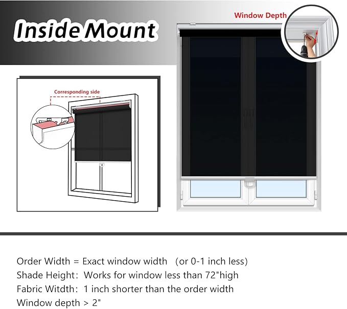 AOSKY Cordless Roller Shades for Windows Light Filtering Shades with 5% Openness Solar Screen Semi Sheer Roller Blinds UV Protection for Office and Home. Easy to Install 23" W x 72" H (Black)