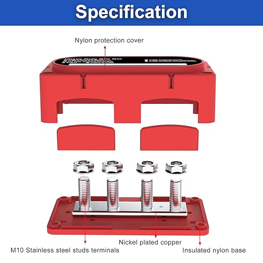 Heavy Duty Bus Bar 300A 12V Power Distribution Block with 3/8" (M10) 4-Posts Terminals Block with Cover for Automotive, Marine, Battery System(Black & Red)