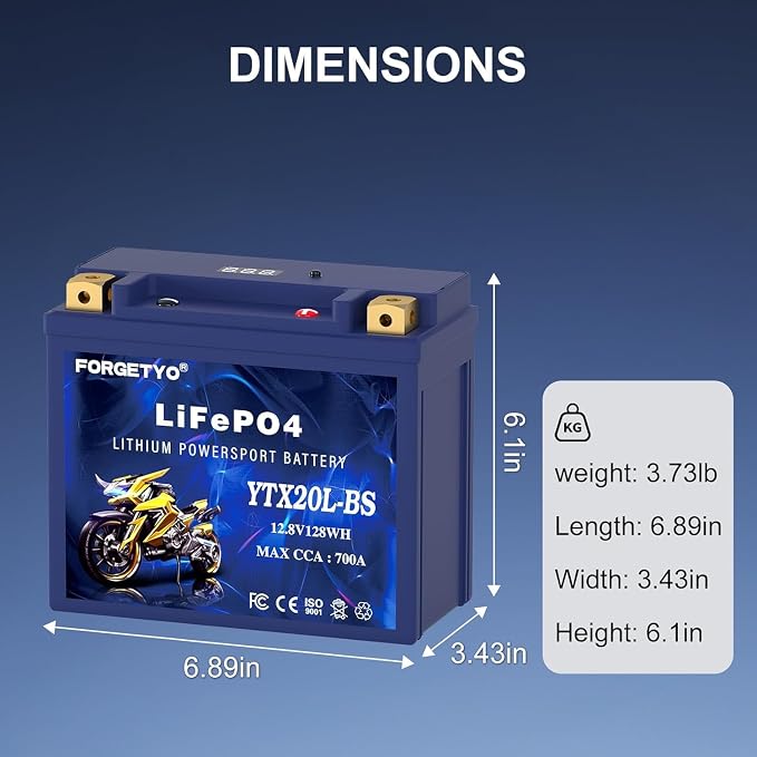 Lithium Motorcycle Battery, Forgetyo YTX20L-BS LiFePO4 Battery, 12V 10AH 700A ATV, UTV, Jet Ski, 4 Wheeler, Snowmobile, Personal Watercraft, Seadoo, Polaris, Generator and Riding Lawn Mower Battery