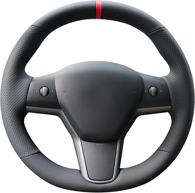 MEWANT DIY Hand Sew Black Genuine Leather Steering Wheel Cover Wrap for Tesla Model Y 2020-2023 Model 3 2017-2023