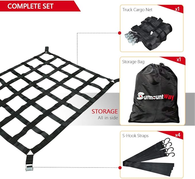 Surmountway Heavy Duty Cargo Net - 66" x 50", 1100LBS Capacity, Adjustable Cam Buckles & S-Hooks, Fits Pickup Truck & Trailer Beds