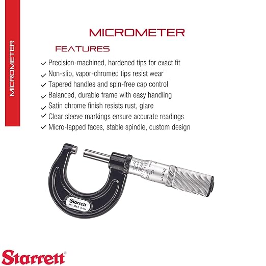 Starrett Outside Micrometer with Friction Thimble, Lock Nut, and Carbide Faces - Quick and Easy Adjustment, 0-1"Range, .0001" Graduation - T436.1XFL-1 W/SLC