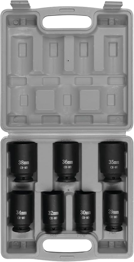 Performance Tool W89323 Axle Nut Socket Set, 1/2" Drive (7 Pieces) - Chrome Molybdenum Steel, Extra-Deep Sockets, Fits Various Domestic and Import Vehicles, Storage Case Included