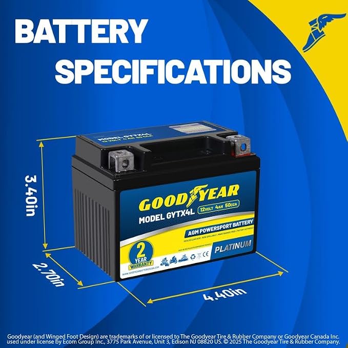 Goodyear GYTX4L - 12 Volt 4 AH, 50 CCA, Rechargeable High-Performance, Maintenance Free, SLA - AGM Battery for Motorcycle, ATV, UTV, 4-Wheeler, Snowmobile, Watercraft and more!