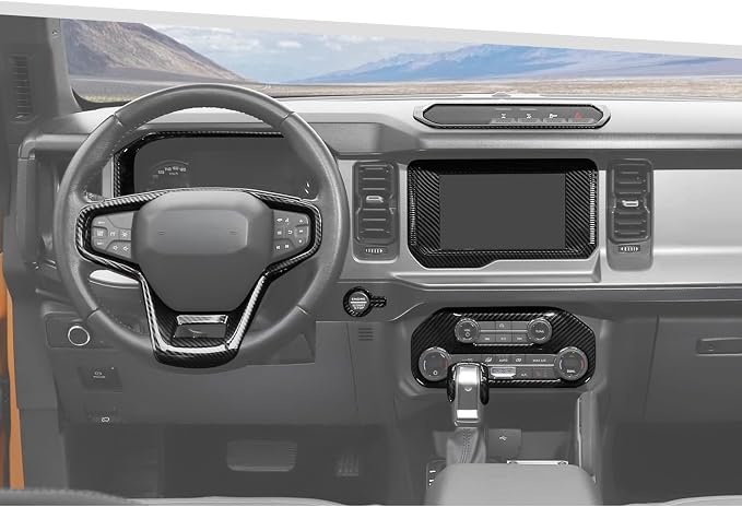 Jimen Fit for 2021-2024 Ford Bronco with 8″ Screen, 8PCS Carbon Fiber Interior Kits - Dashboard Cover, Air Conditioning Control Panel, Gear Shift Knob Cover, Engine Start Stop Button Trim