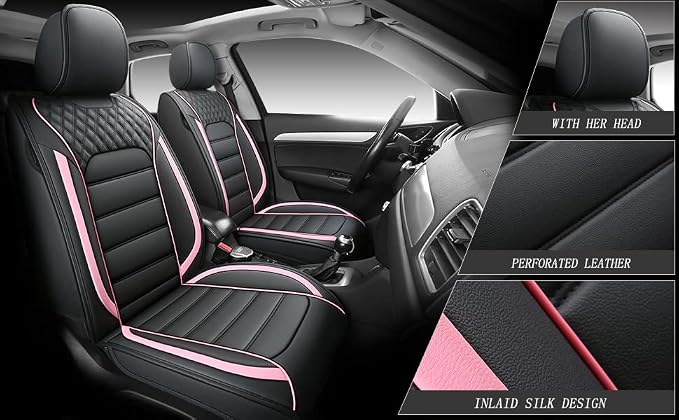 Quiln-03 Leather Seat Cover 5 Seat Full, Universal Suitable for Most Cars, SUVs, Pickup Trucks, Airbag Compatible Car Seat Cushion Covers (Black&Rose)