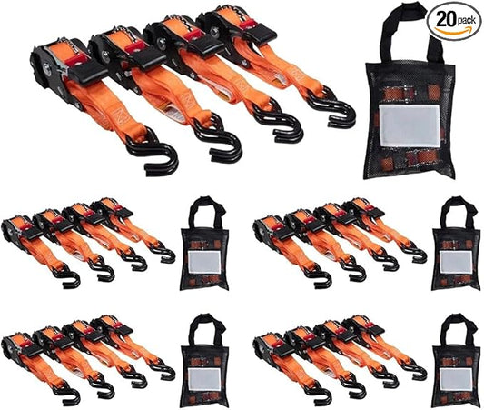 Mytee Products 20 Pack Orange Auto Retract NO-RATCHETING Ratchet Straps | 1" x 12' Retractable Ratchet Straps with Zinc Coated S Hook Tiedowns for Motorcycles, ATVs, Bikes, Trailer Tie-Down