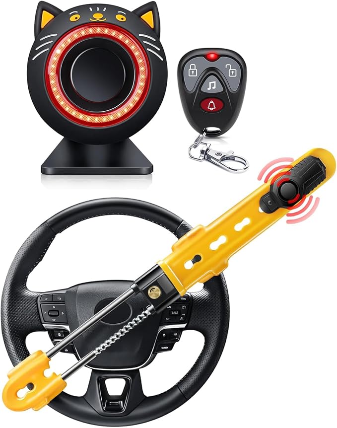 ELECTOP Anti Theft Car Device Bundle (Car Alarm System with Motion Sensor & Sound + Steering Wheel Lock) Car Alarm System for Auto Truck Van SUV