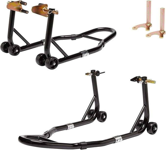 Motorcycle Stand Front Rear Wheel Lift Combo Swingarm Spool Peddock Stands for Yamaha Honda Kawasaki Suzuki U+L Black