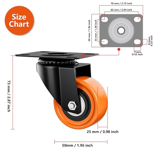 2" Swivel Plate Casters Set of 8 Heavy Duty 400 lbs | Orange PU, Non-Marking, Quiet. 400 Lbs/4 Casters. No Brake - Continuous Rolling. Black Rustproof Bracket. Workshop, Garage