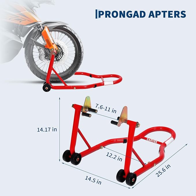 Garvee Motorcycle Stands Front and Rear, 900 LB Heavy Duty Front & Rear Wheel Lift Combo with Prong Adapters+L Adjustable Swingarm Spool, Universal Paddock Stands for Most Motorcycles, Red